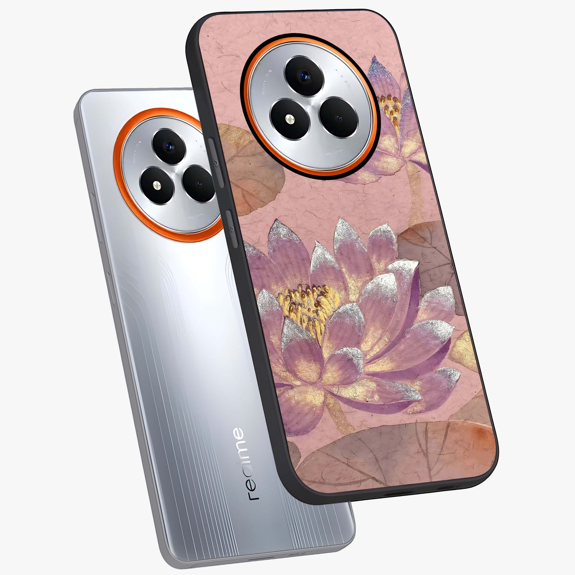 Blossom Mist Lotus Glass Case displayed in angled mockup highlighting delicate lotus illustration with calm aesthetic theme.