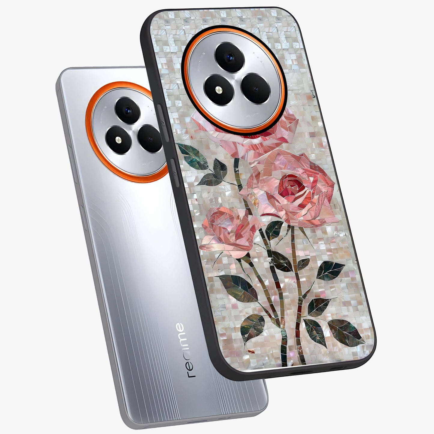 Blush Mosaic Bloom Glass Case displayed in angled mockup highlighting artistic mosaic flower pattern with aesthetic design.