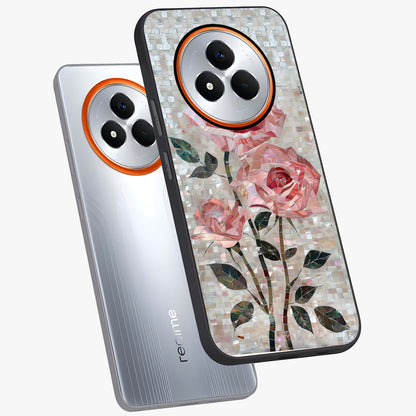 Blush Mosaic Bloom Glass Case displayed in angled mockup highlighting artistic mosaic flower pattern with aesthetic design.