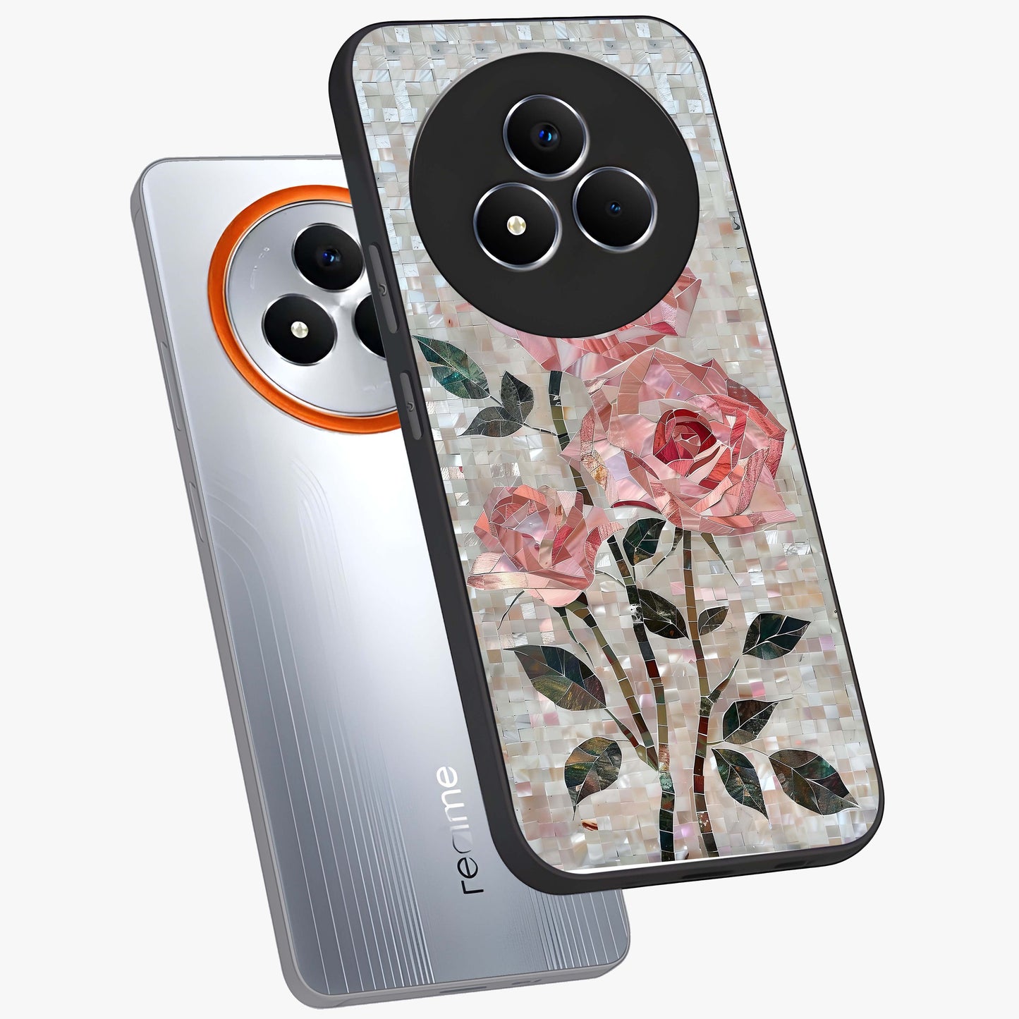 Blush Mosaic Bloom Glass Case displayed in angled mockup highlighting artistic mosaic flower pattern with aesthetic design.