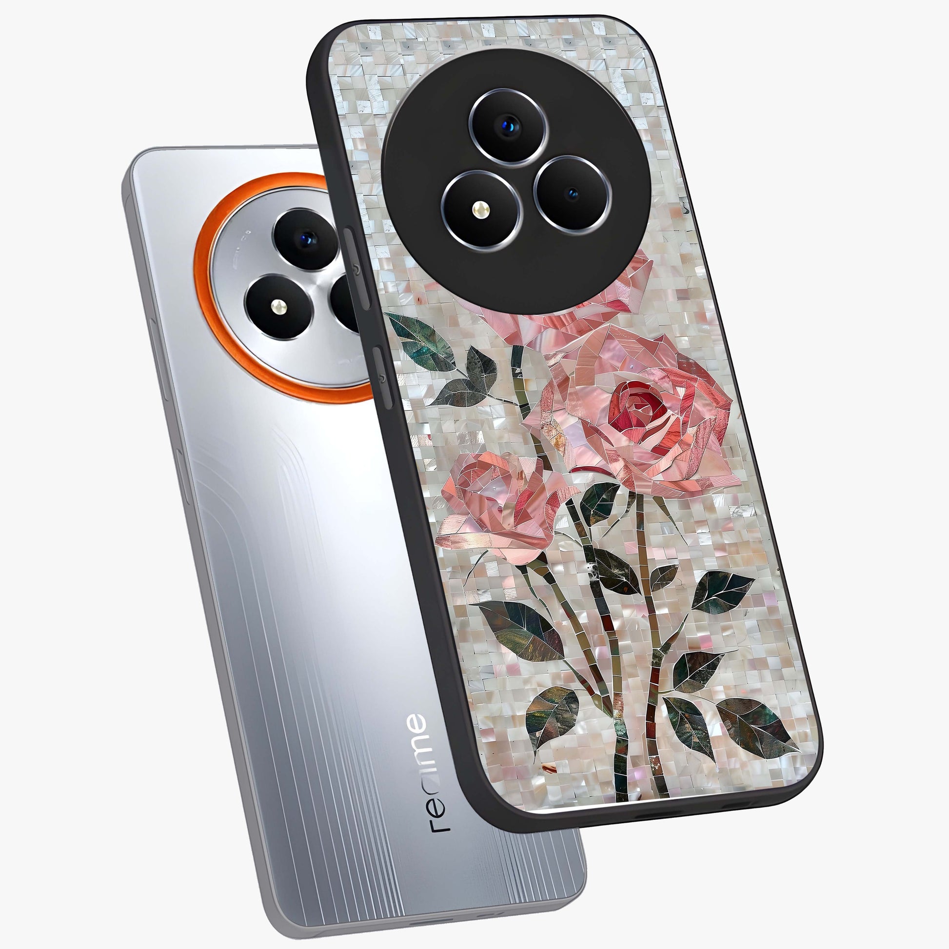 Blush Mosaic Bloom Glass Case displayed in angled mockup highlighting artistic mosaic flower pattern with aesthetic design.
