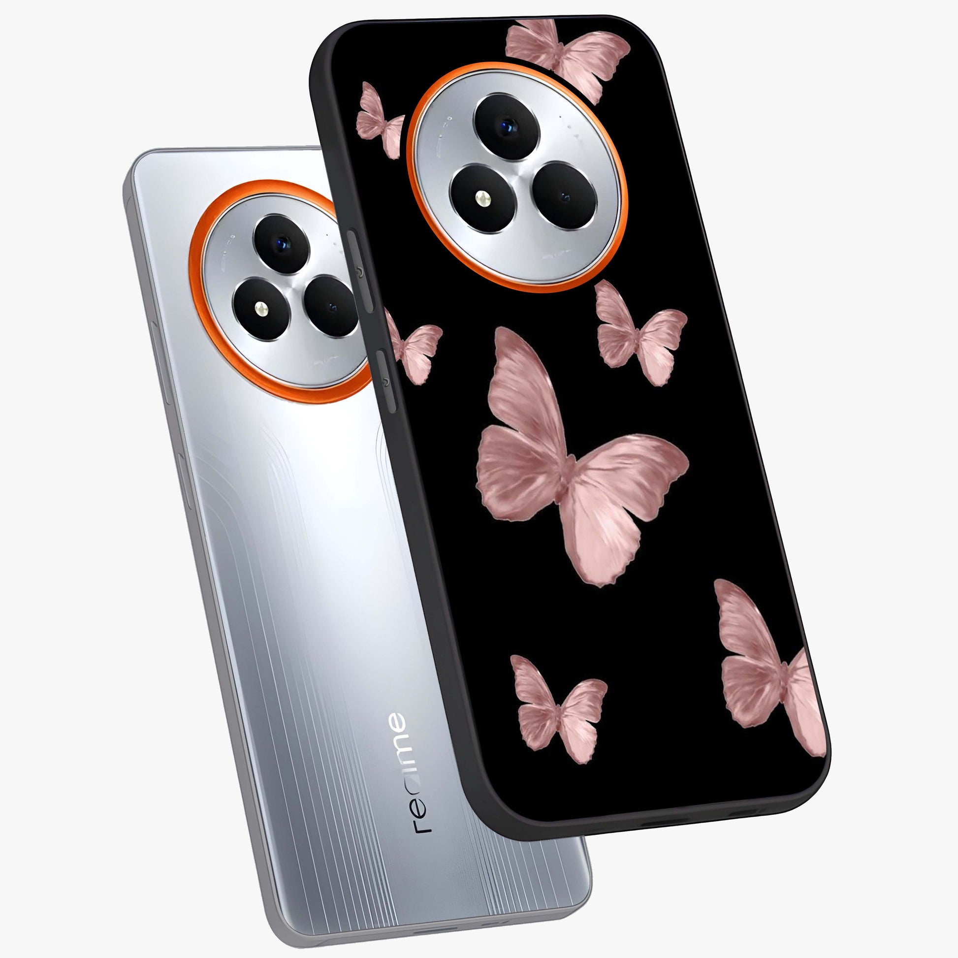 Butterfly Pattern Glass Case displayed in angled mockup highlighting delicate butterfly design and aesthetic pattern style.