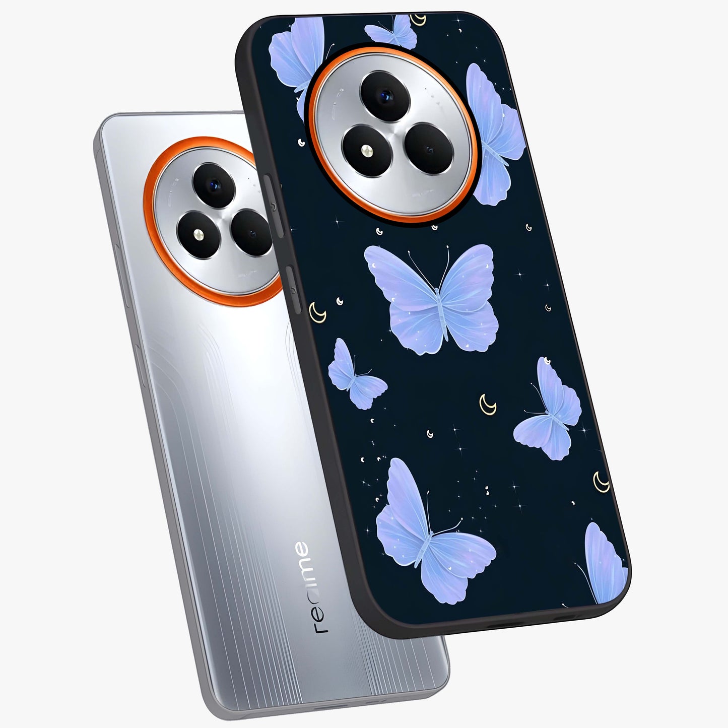 Butterfly With Stars Pattern Glass Case displayed in angled mockup highlighting dreamy butterfly and star design with aesthetic theme.