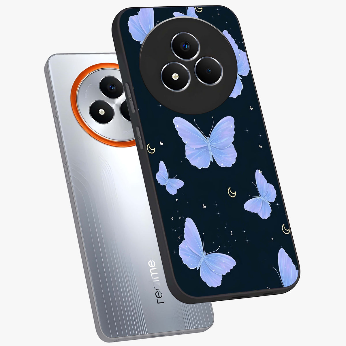 Butterfly With Stars Pattern Glass Case displayed in angled mockup highlighting dreamy butterfly and star design with aesthetic theme.