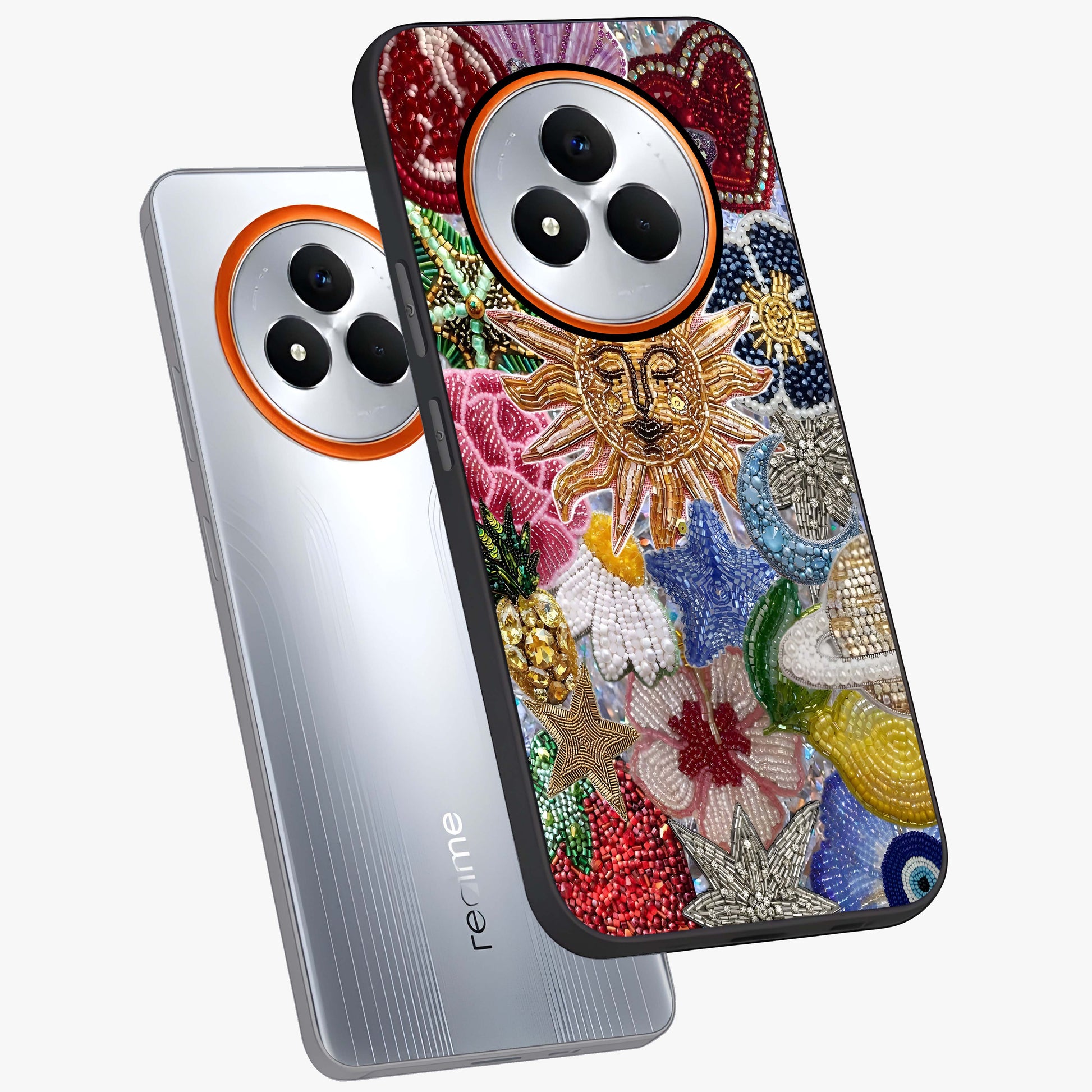 Celestial Floral and Playful Glass Case displayed in angled mockup highlighting playful floral design with dreamy celestial elements.
