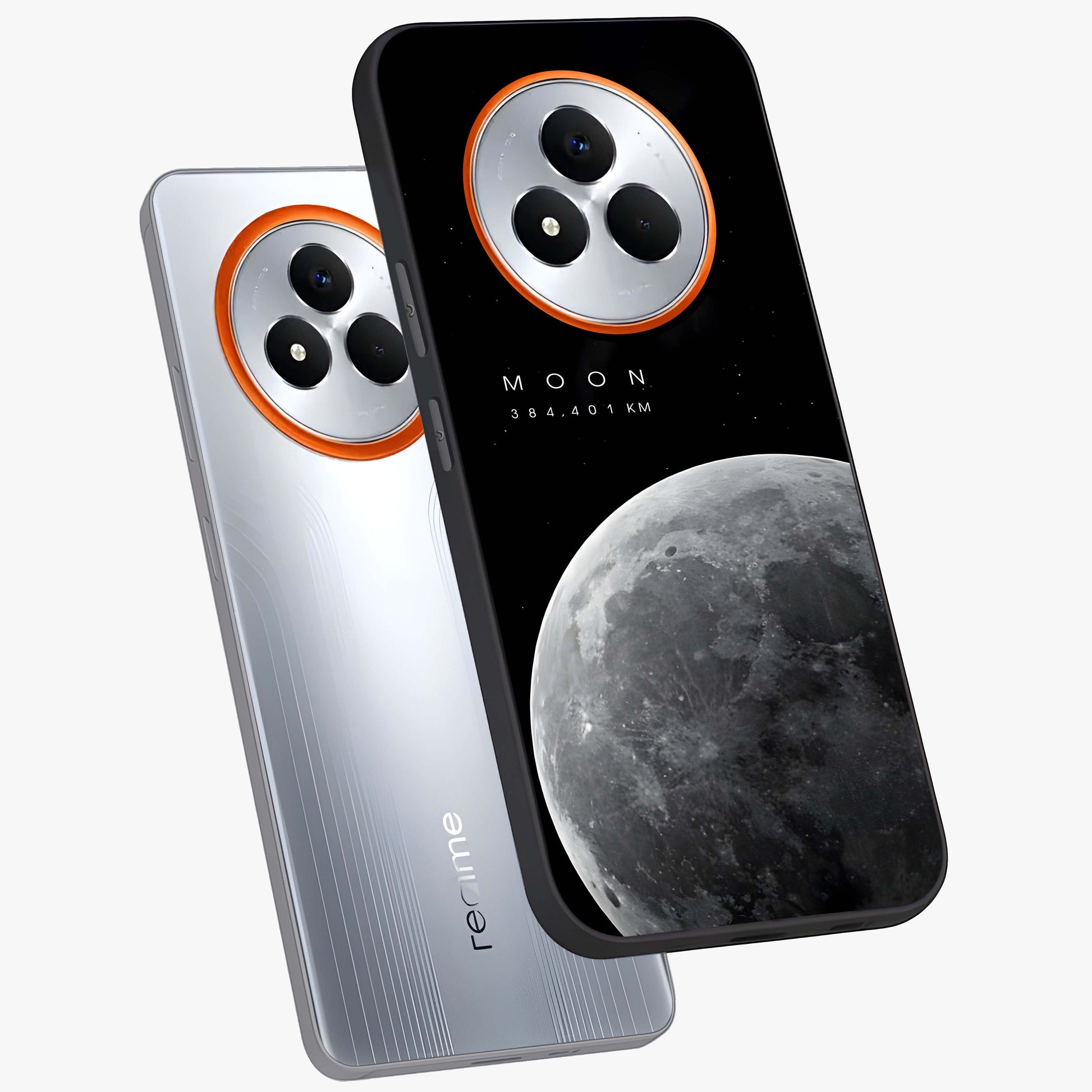 Cosmic Moon Glow Glass Case displayed in angled mockup highlighting celestial moon design with cosmic aesthetic theme.