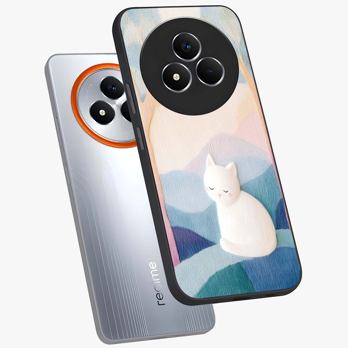 Cotton Dream Cat Glass Case displayed in angled mockup highlighting cute feline illustration with pastel aesthetic style.