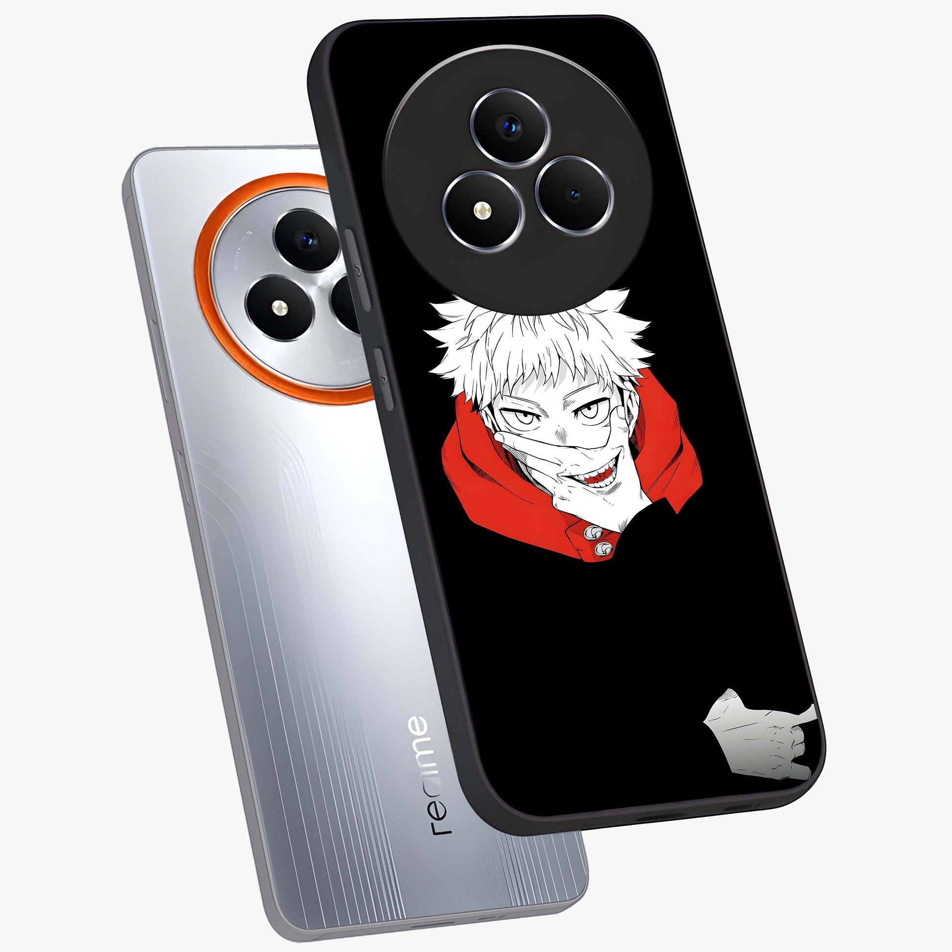 Crimson Chaos Smile Glass Case displayed in angled mockup highlighting edgy crimson smile design with graphic aesthetic.