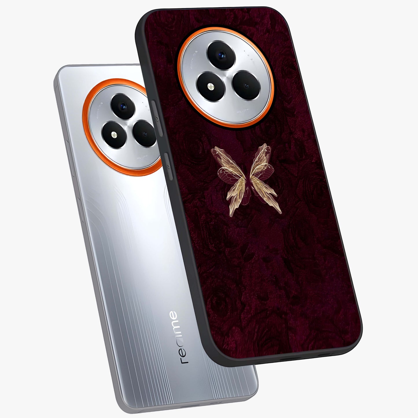 Crimson Fade Butterfly Glass Case displayed in angled mockup highlighting elegant butterfly design with crimson gradient aesthetic.