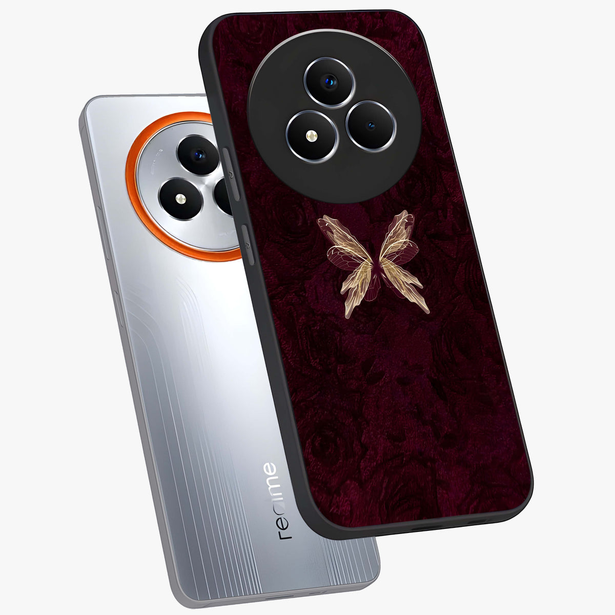 Crimson Fade Butterfly Glass Case displayed in angled mockup highlighting elegant butterfly design with crimson gradient aesthetic.