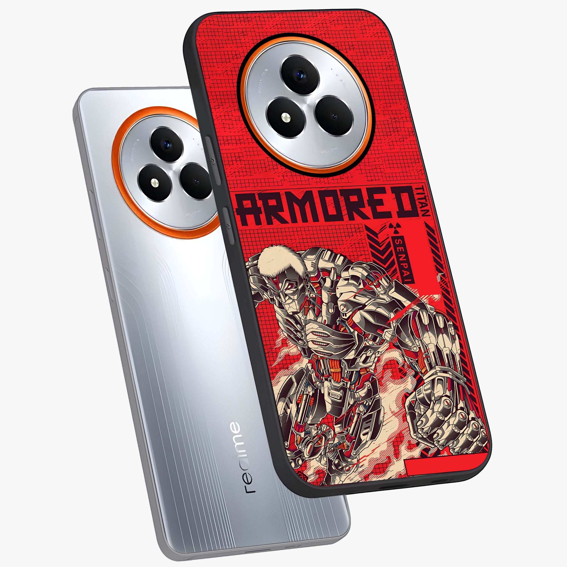 Crimson Mecha Titan Glass Case displayed in angled mockup highlighting futuristic mech illustration with bold crimson aesthetic.