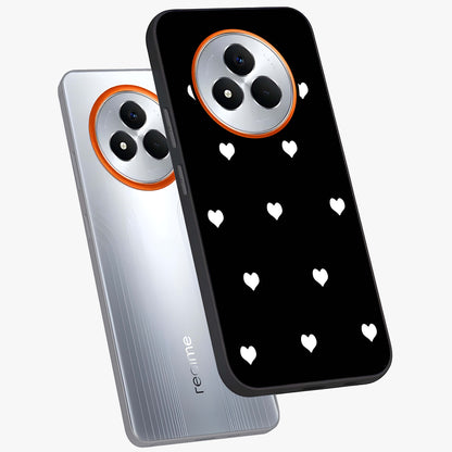 Cute And Simple White Hearts Glass Case displayed in angled mockup highlighting cute heart design with clean aesthetic style.