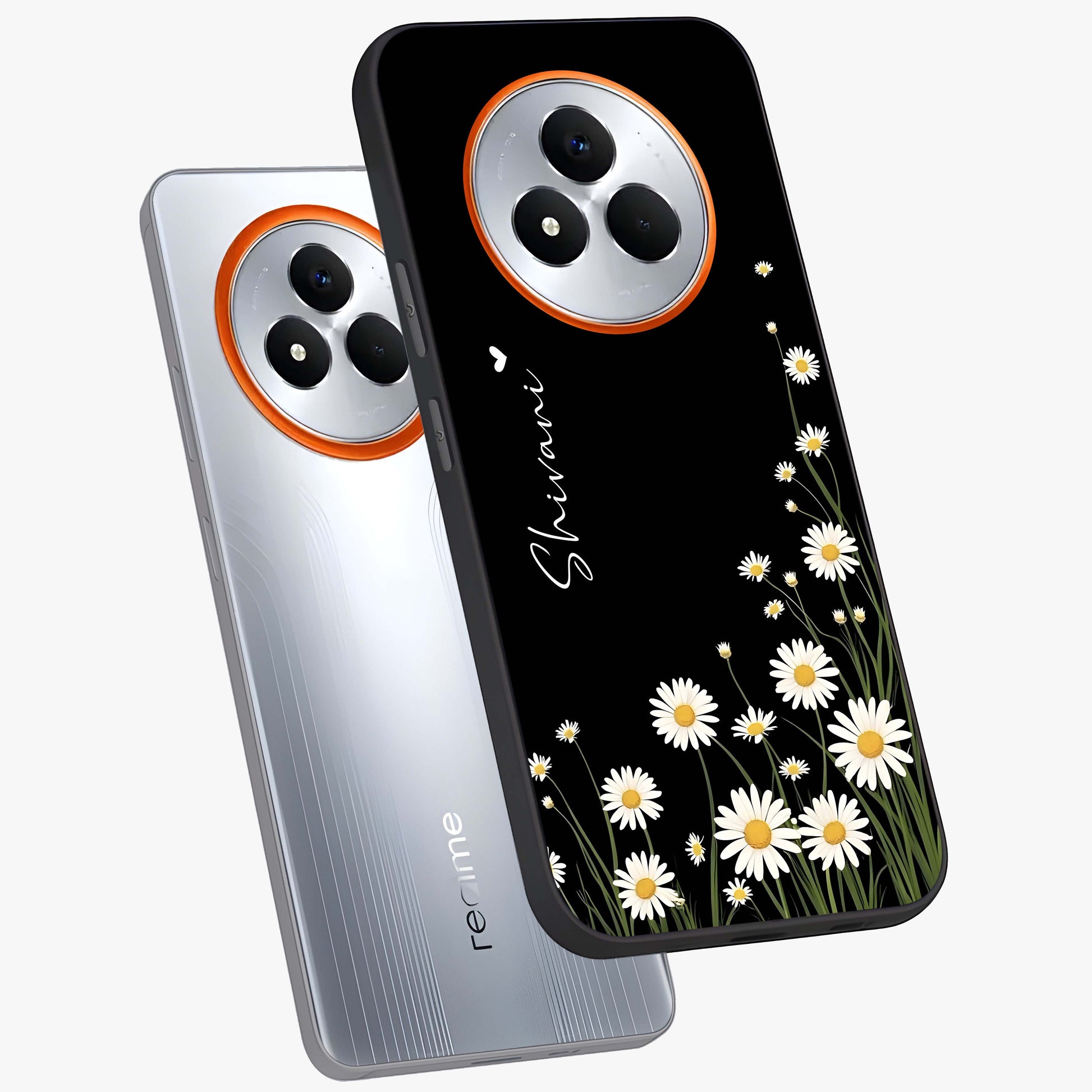 Daisy Cascade Custom Name Glass Case displayed in angled mockup highlighting delicate daisy artwork with custom name feature.