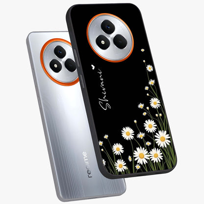 Daisy Cascade Custom Name Glass Case displayed in angled mockup highlighting delicate daisy artwork with custom name feature.