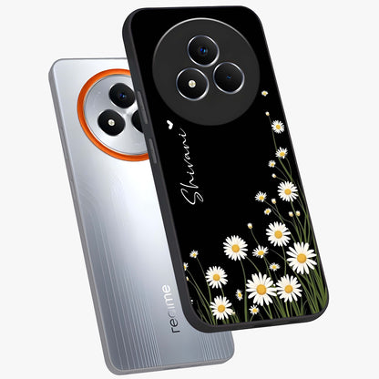 Daisy Cascade Custom Name Glass Case displayed in angled mockup highlighting delicate daisy artwork with custom name feature.