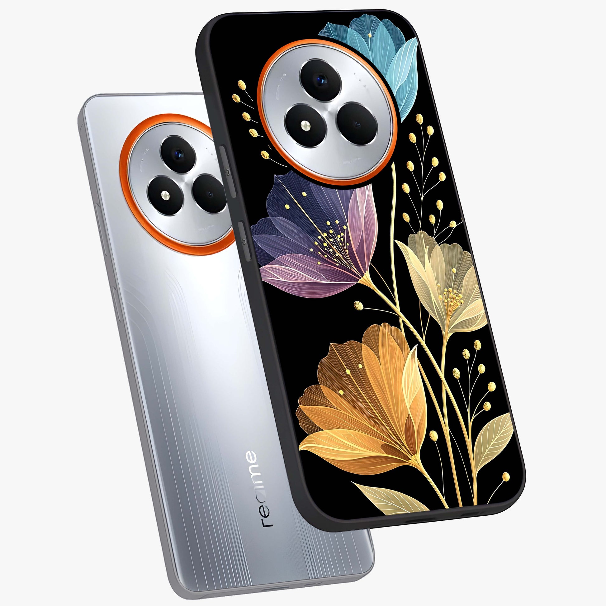 Delicate Multicolor Flowers Glass Case displayed in angled mockup highlighting colorful flower pattern with soft aesthetic style.