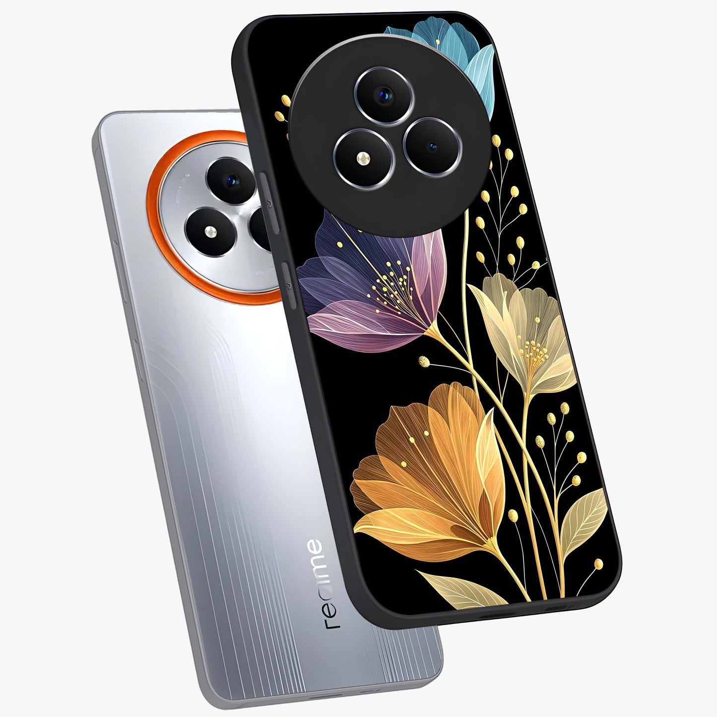 Delicate Multicolor Flowers Glass Case displayed in angled mockup highlighting colorful flower pattern with soft aesthetic style.