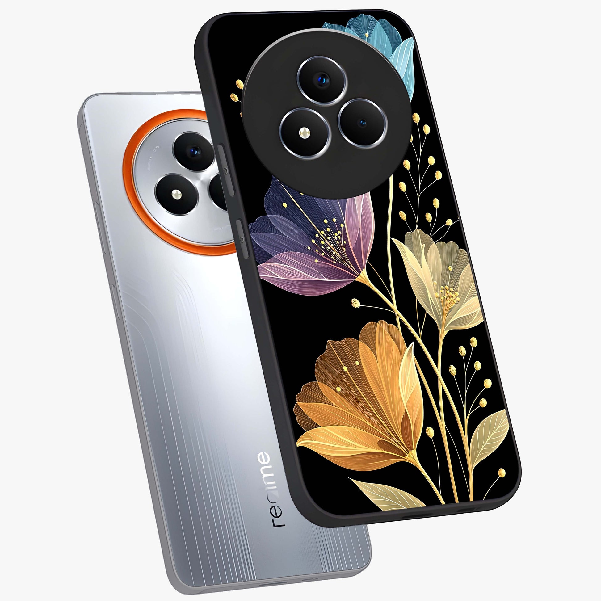 Delicate Multicolor Flowers Glass Case displayed in angled mockup highlighting colorful flower pattern with soft aesthetic style.