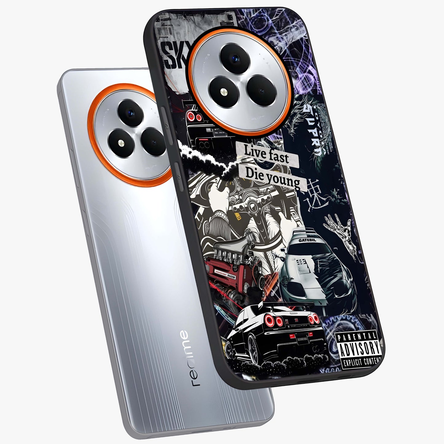 Die Young Glass Case displayed in angled mockup highlighting expressive graphic artwork with edgy aesthetic style.