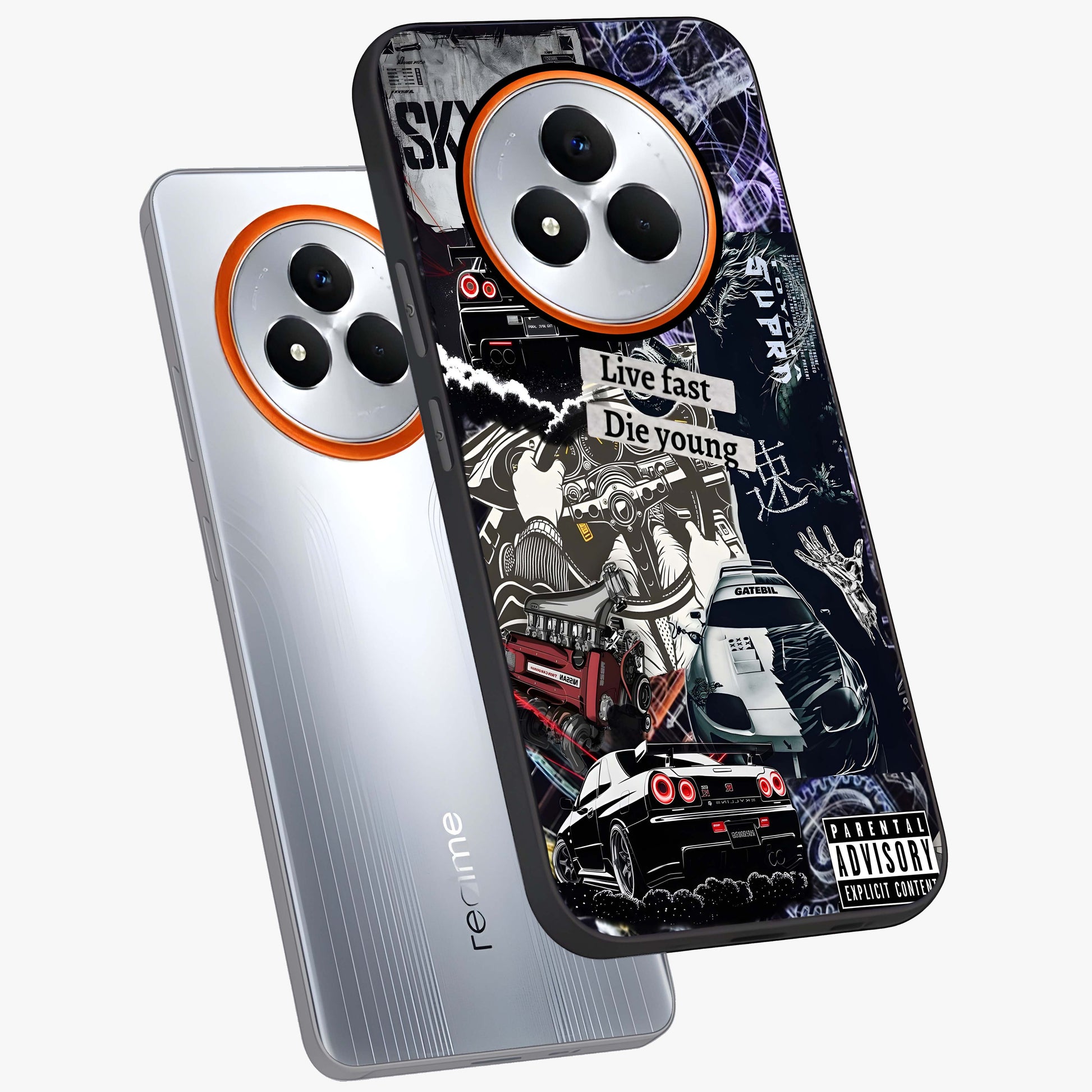 Die Young Glass Case displayed in angled mockup highlighting expressive graphic artwork with edgy aesthetic style.