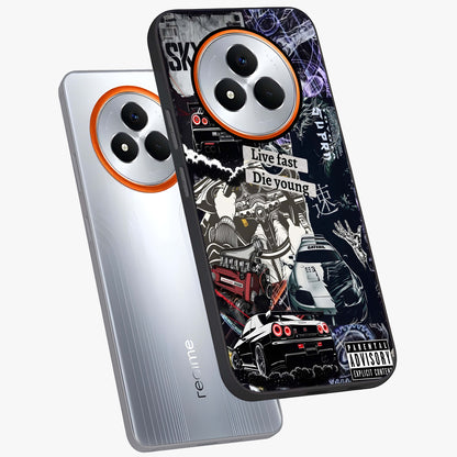 Die Young Glass Case displayed in angled mockup highlighting expressive graphic artwork with edgy aesthetic style.