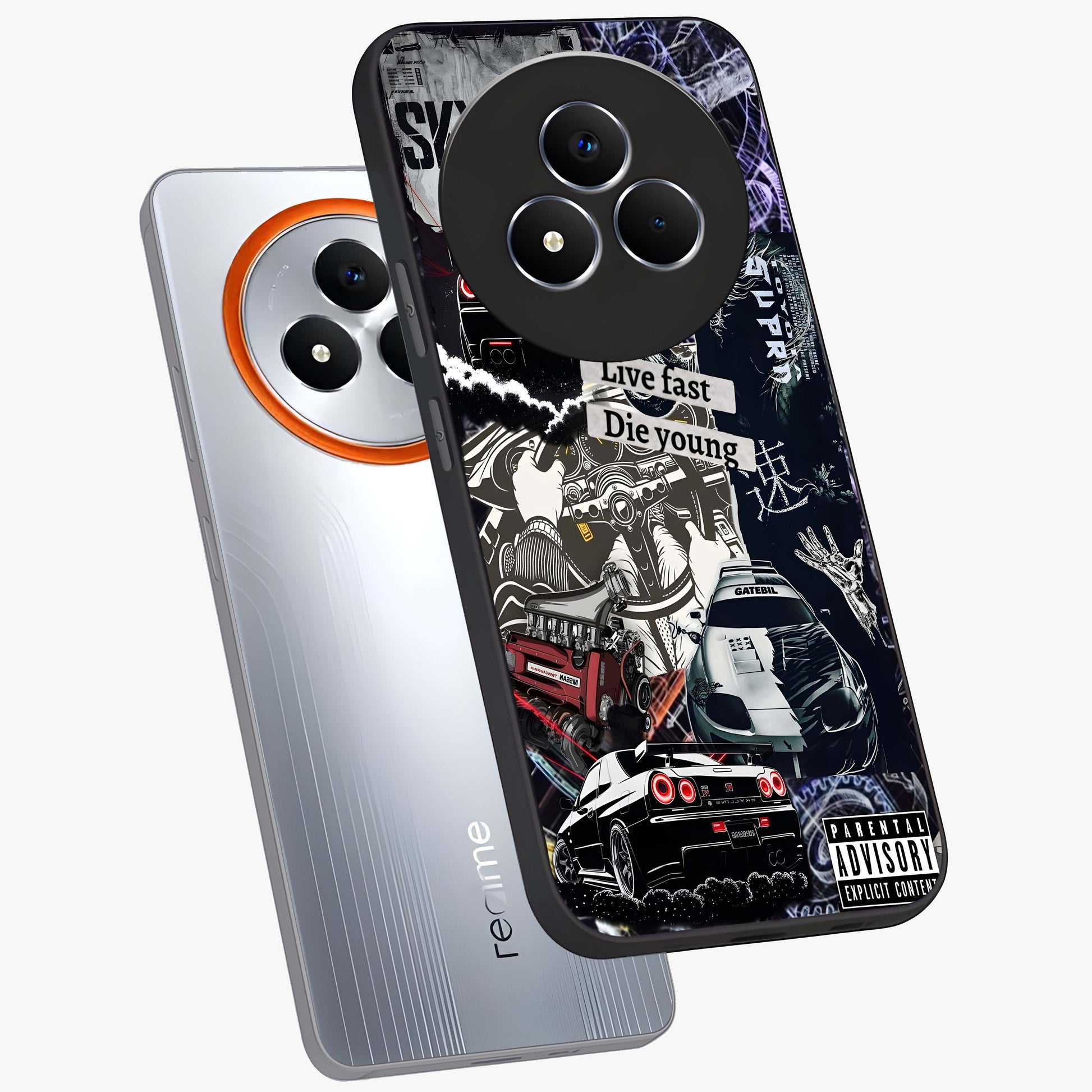 Die Young Glass Case displayed in angled mockup highlighting expressive graphic artwork with edgy aesthetic style.