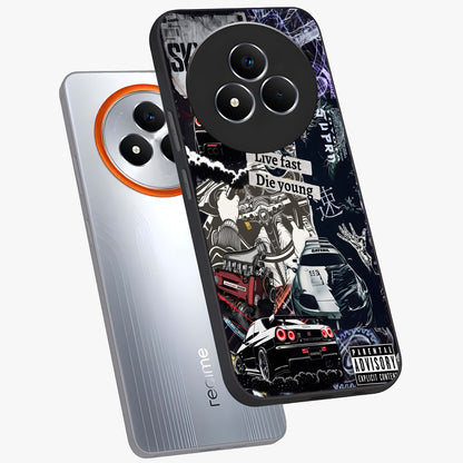Die Young Glass Case displayed in angled mockup highlighting expressive graphic artwork with edgy aesthetic style.