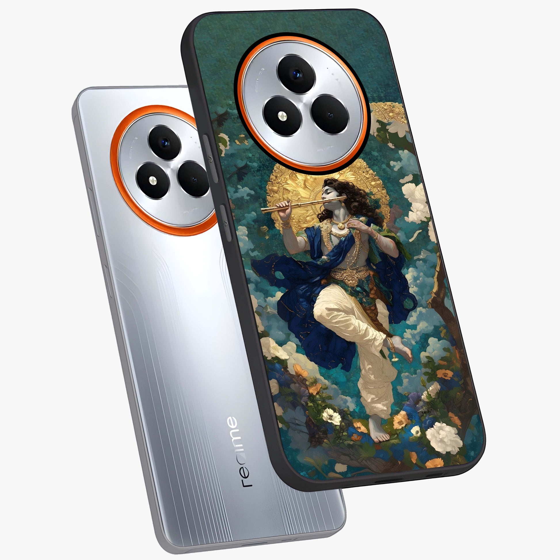 Divine Krishna Art Glass Case displayed in angled mockup highlighting spiritual Krishna illustration with devotional aesthetic.