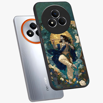 Divine Krishna Art Glass Case displayed in angled mockup highlighting spiritual Krishna illustration with devotional aesthetic.