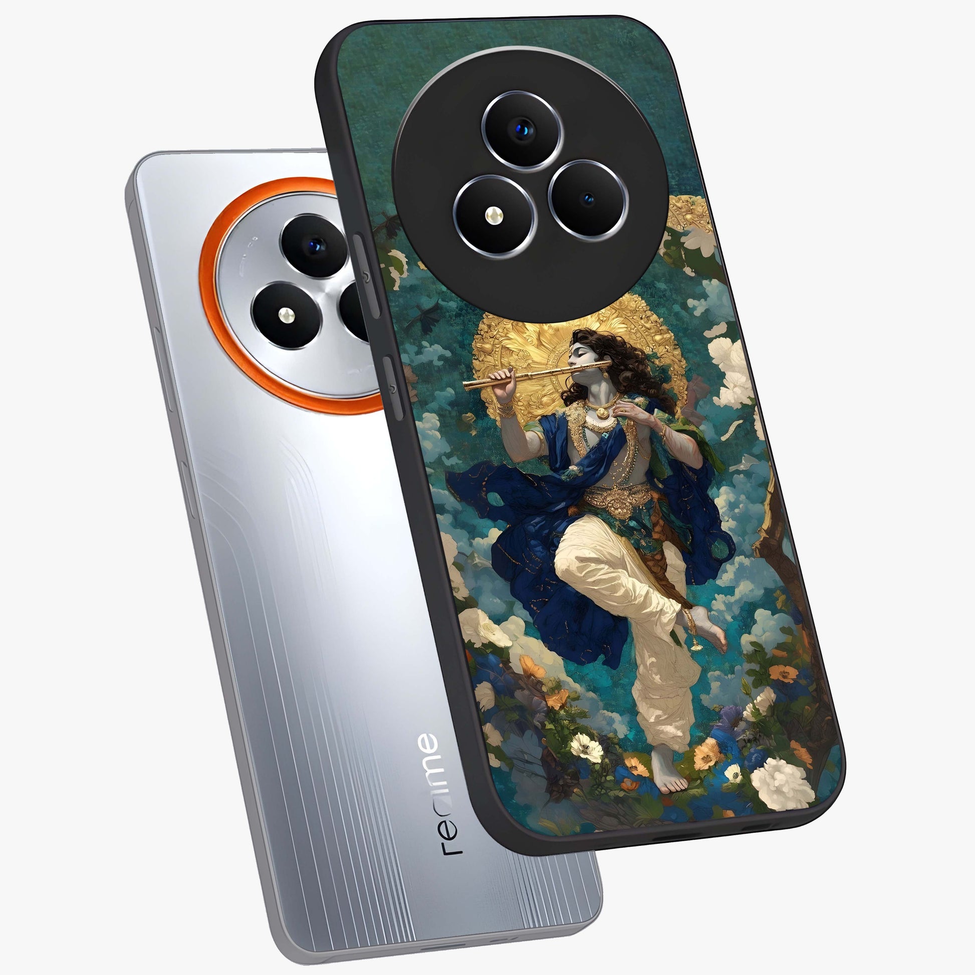 Divine Krishna Art Glass Case displayed in angled mockup highlighting spiritual Krishna illustration with devotional aesthetic.