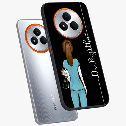 Doctor Pattern Custom Name Glass Case displayed in angled mockup highlighting doctor inspired artwork with custom name feature.