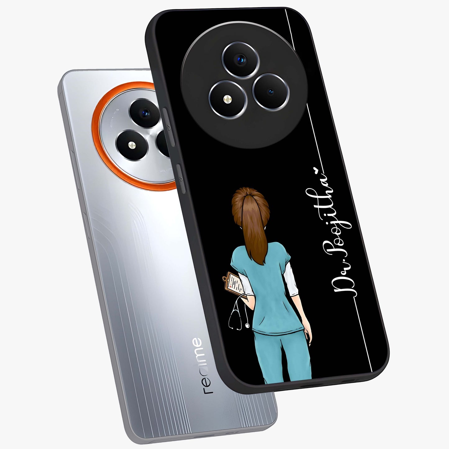 Doctor Pattern Custom Name Glass Case displayed in angled mockup highlighting doctor inspired artwork with custom name feature.