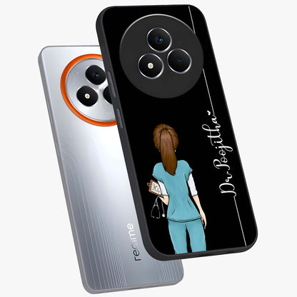 Doctor Pattern Custom Name Glass Case displayed in angled mockup highlighting doctor inspired artwork with custom name feature.
