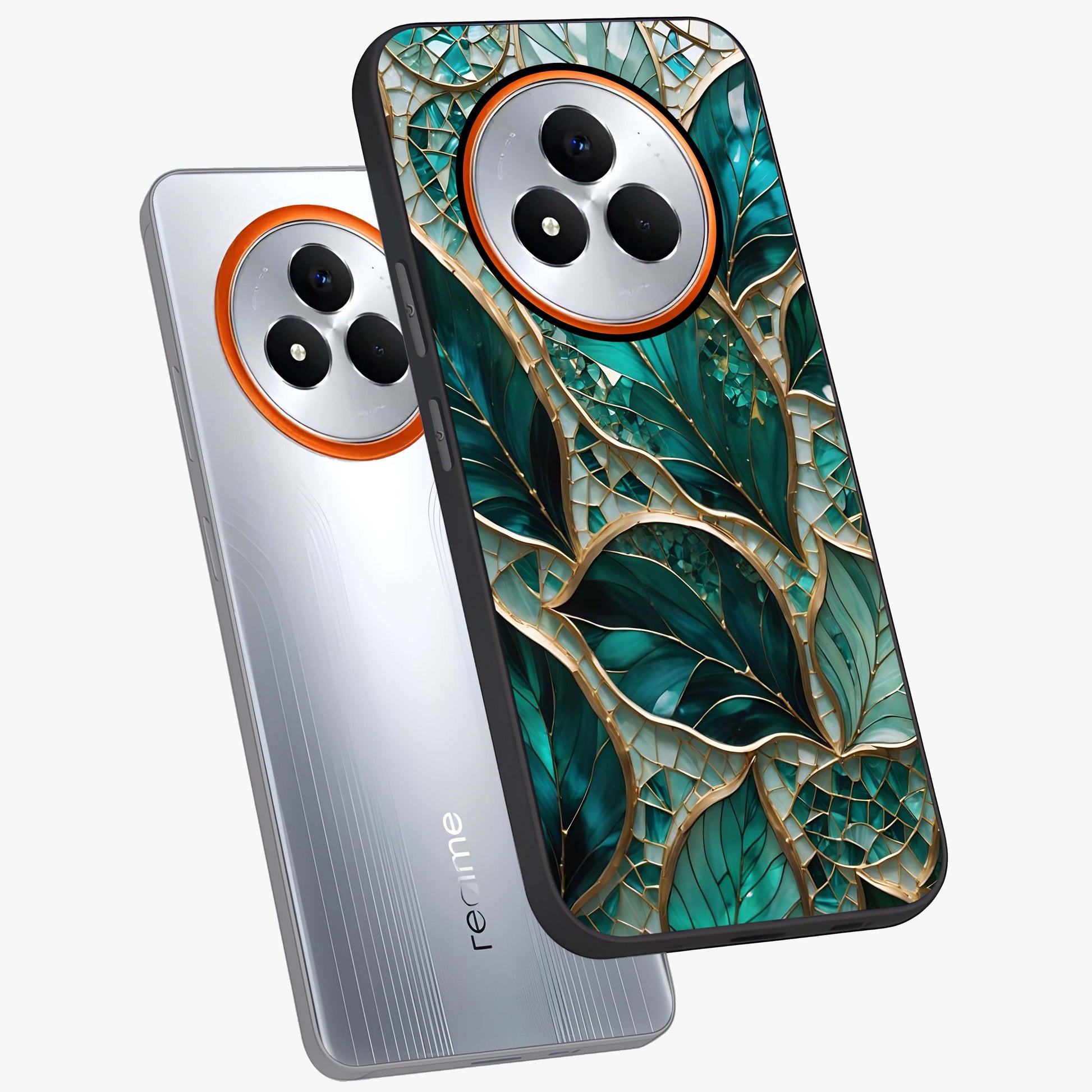 Emerald Leaf Glass Glass Case displayed in angled mockup highlighting botanical leaf illustration with elegant natural aesthetic.