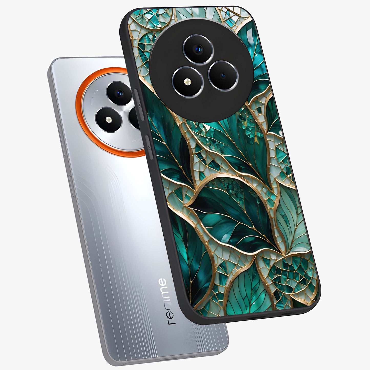 Emerald Leaf Glass Glass Case displayed in angled mockup highlighting botanical leaf illustration with elegant natural aesthetic.