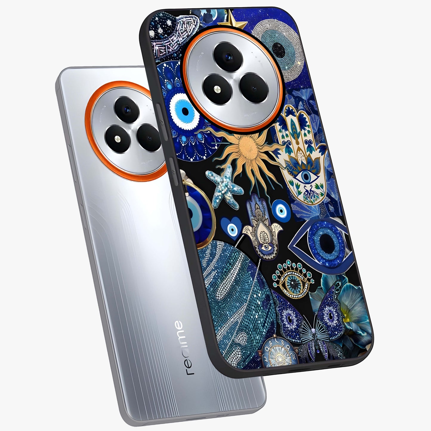 Evil Eye Charm Mix Glass Case displayed in angled mockup highlighting protective evil eye symbols with spiritual aesthetic design.