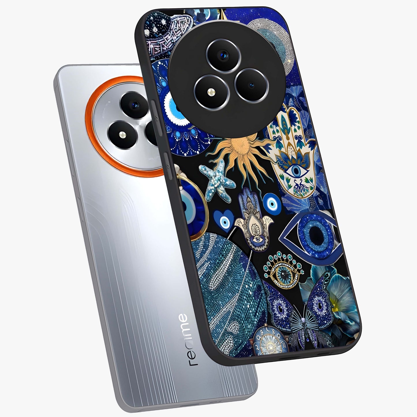 Evil Eye Charm Mix Glass Case displayed in angled mockup highlighting protective evil eye symbols with spiritual aesthetic design.