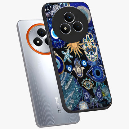 Evil Eye Charm Mix Glass Case displayed in angled mockup highlighting protective evil eye symbols with spiritual aesthetic design.