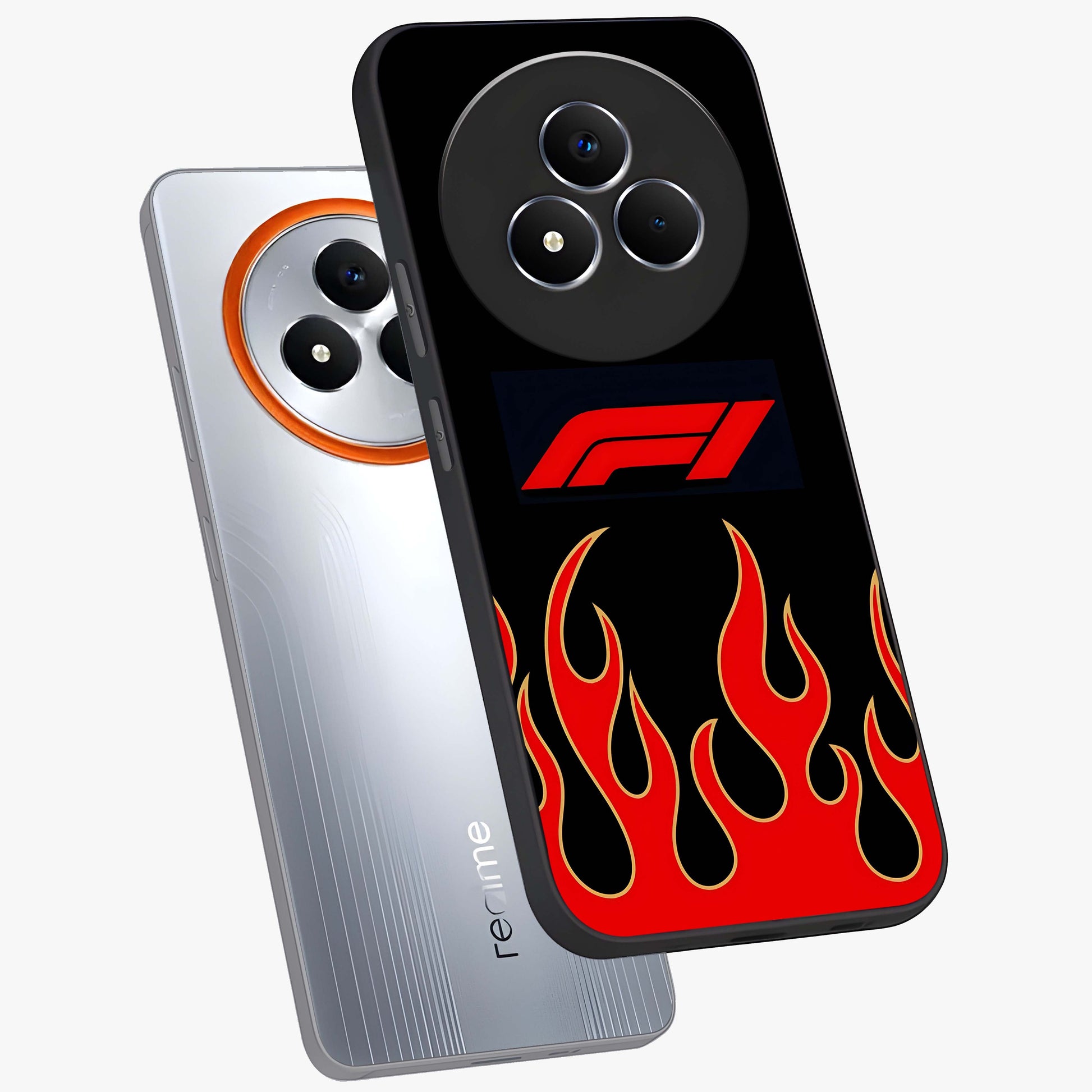 Fire F11 Glass Case displayed in angled mockup highlighting bold fire inspired graphic with energetic aesthetic style.
