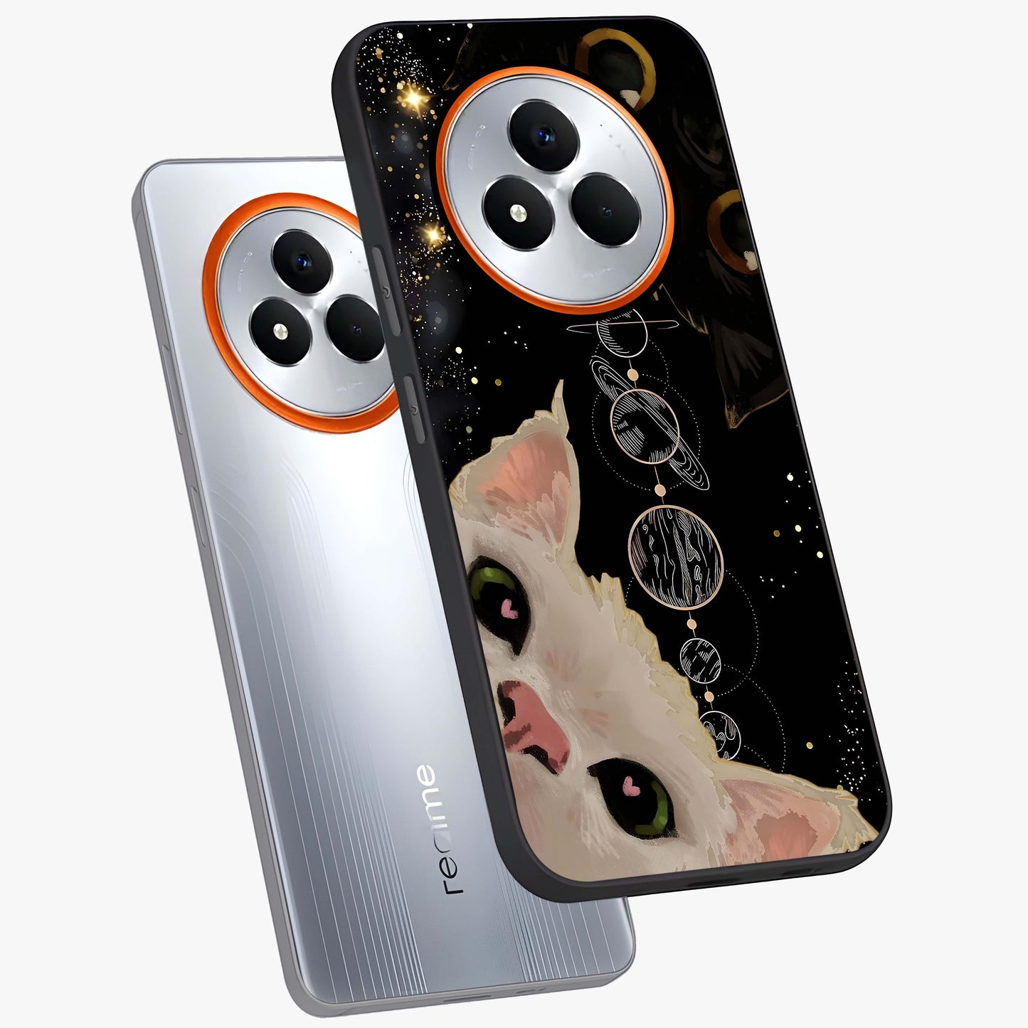 Galactic Cat Glass Case displayed in angled mockup highlighting celestial feline illustration with galaxy aesthetic style.