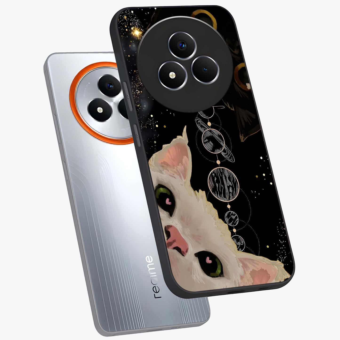 Galactic Cat Glass Case displayed in angled mockup highlighting celestial feline illustration with galaxy aesthetic style.