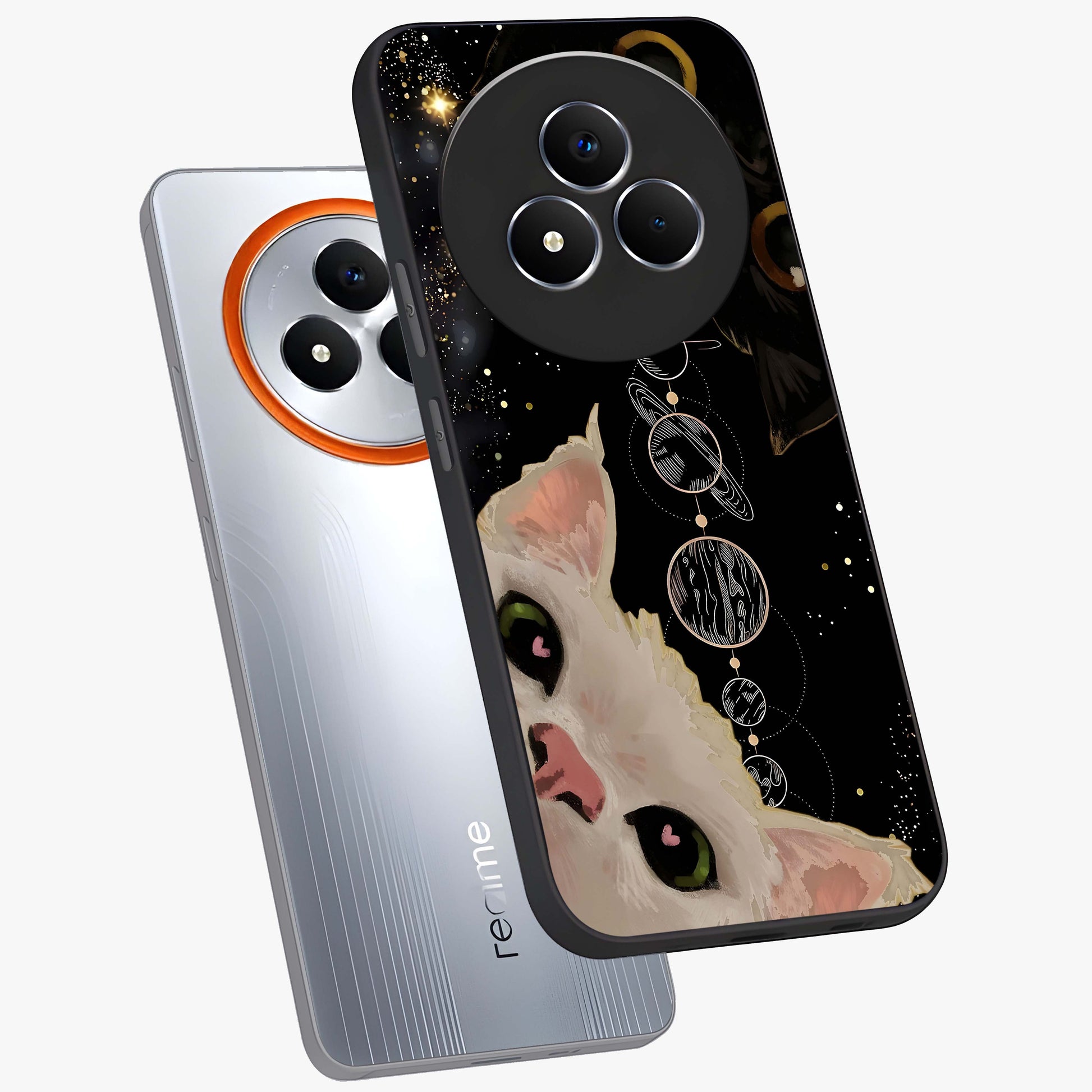 Galactic Cat Glass Case displayed in angled mockup highlighting celestial feline illustration with galaxy aesthetic style.