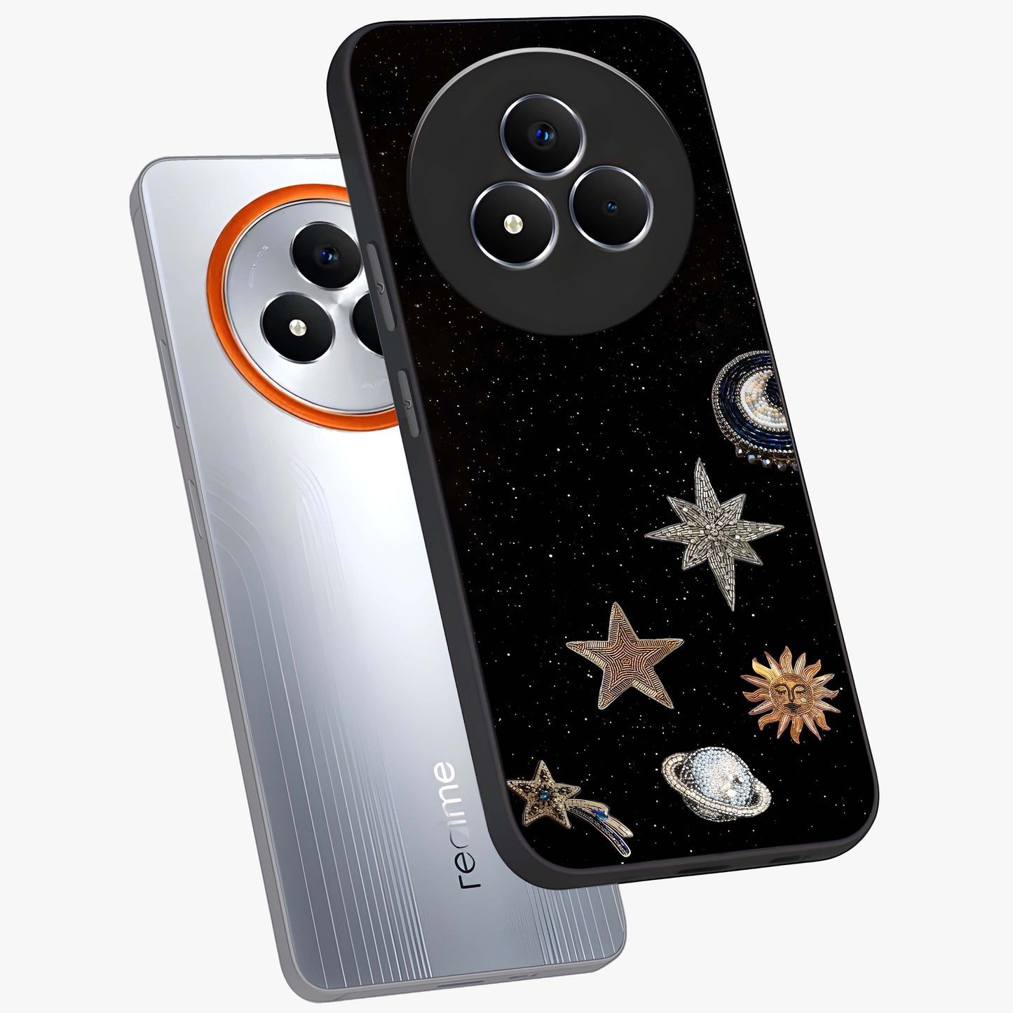 Galactic Charm Glow Glass Case displayed in angled mockup highlighting luminous galaxy inspired design with dreamy aesthetic.