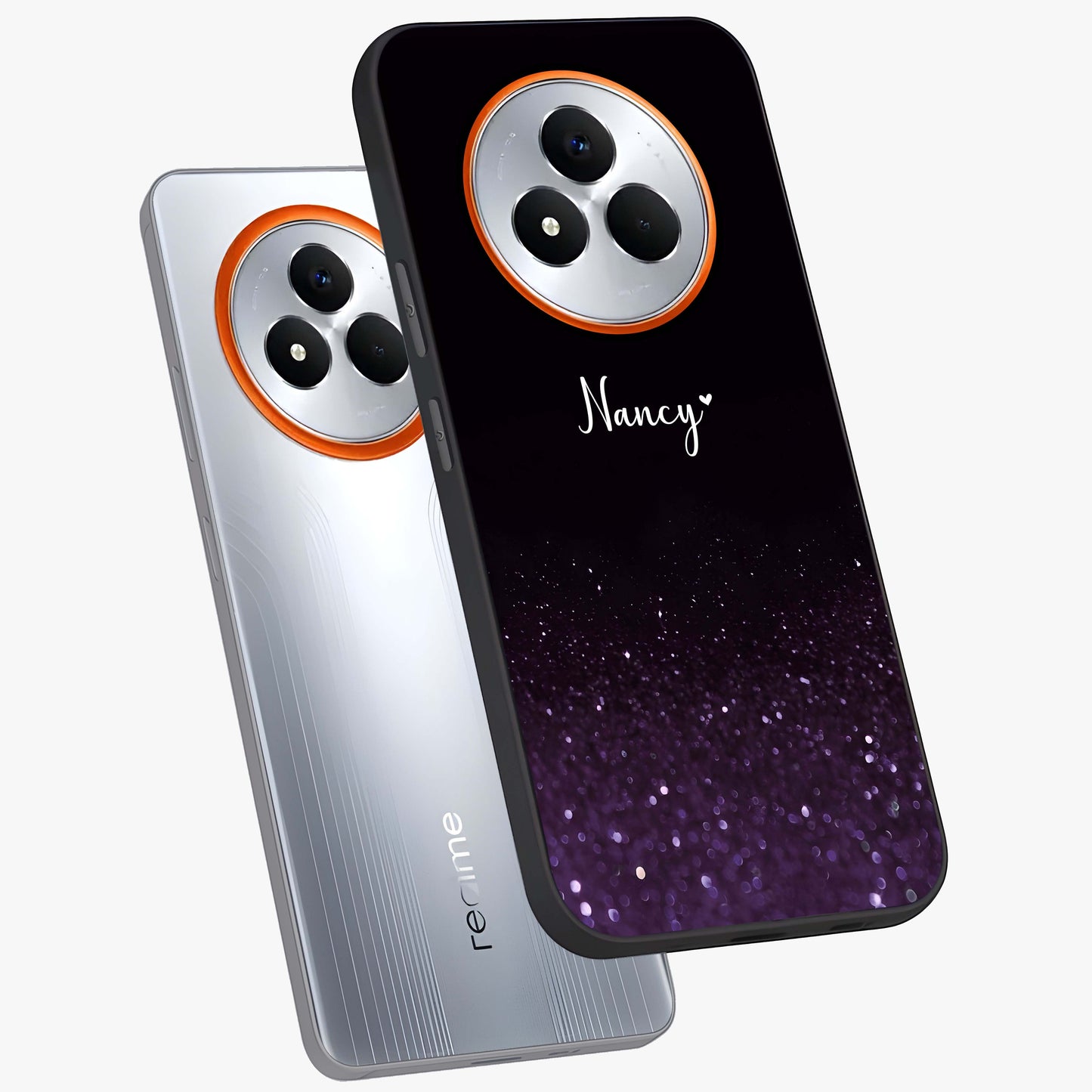 Glittery Purple Bokeh Custom Name Glass Case displayed in angled mockup highlighting glitter bokeh pattern with custom name feature.