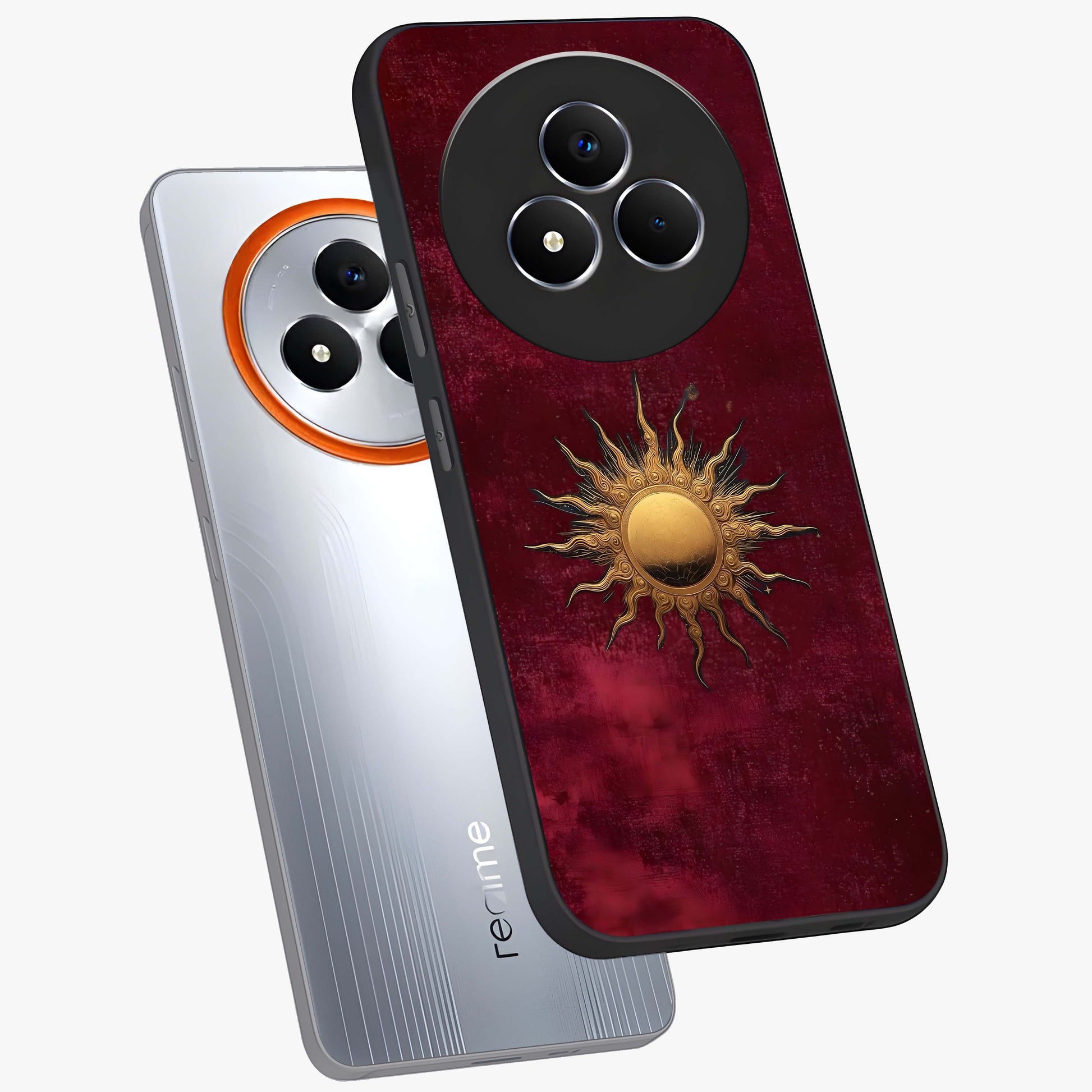 Gold Sun Blush Glass Case displayed in angled mockup highlighting radiant sun design with warm golden aesthetic.