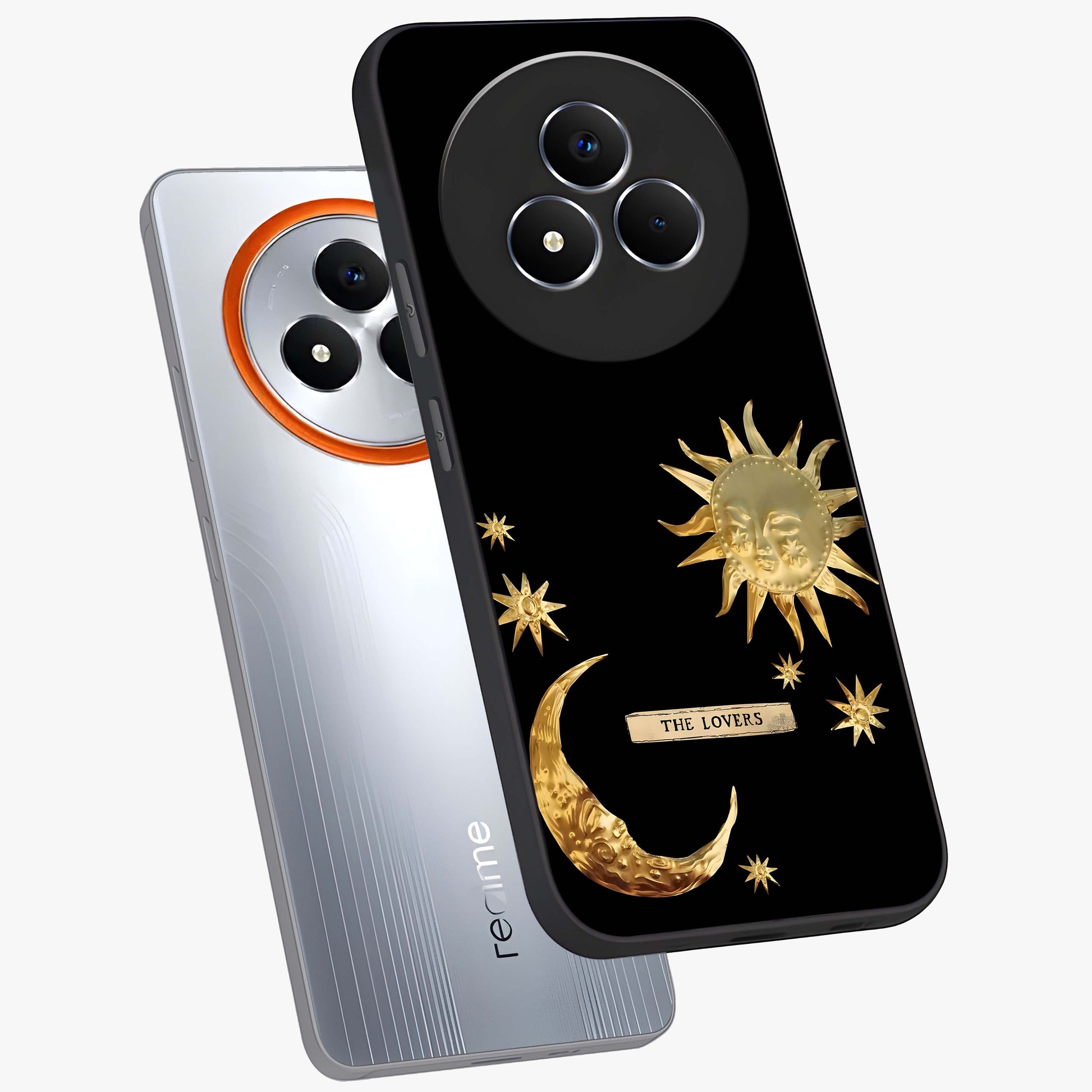 Golden Celestial Charm Glass Case displayed in angled mockup highlighting sparkling cosmic charm design with celestial aesthetic.