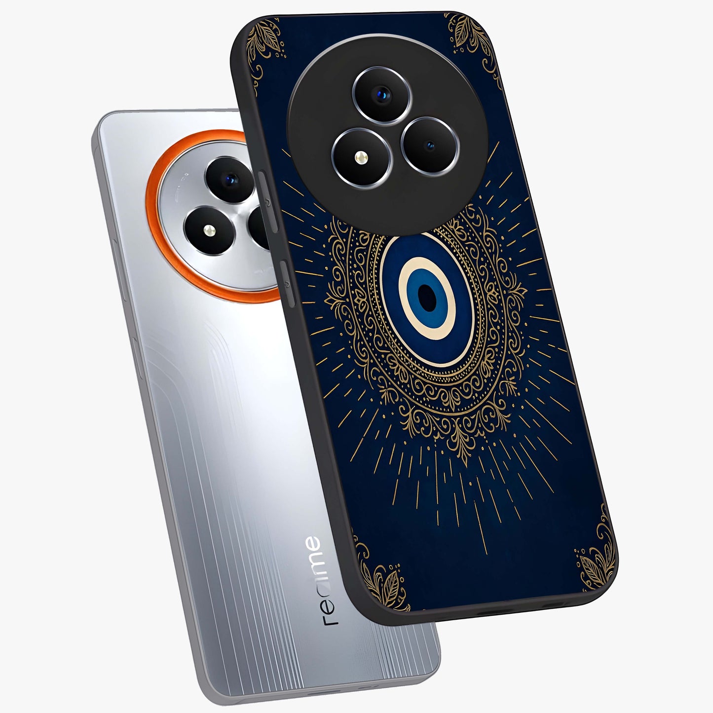 Golden Evil Eye Mandala Glass Case displayed in angled mockup highlighting protective evil eye symbol with golden mandala design.