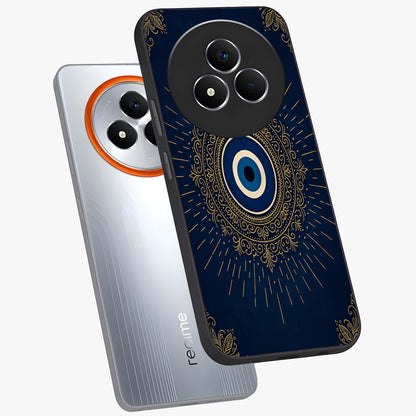 Golden Evil Eye Mandala Glass Case displayed in angled mockup highlighting protective evil eye symbol with golden mandala design.