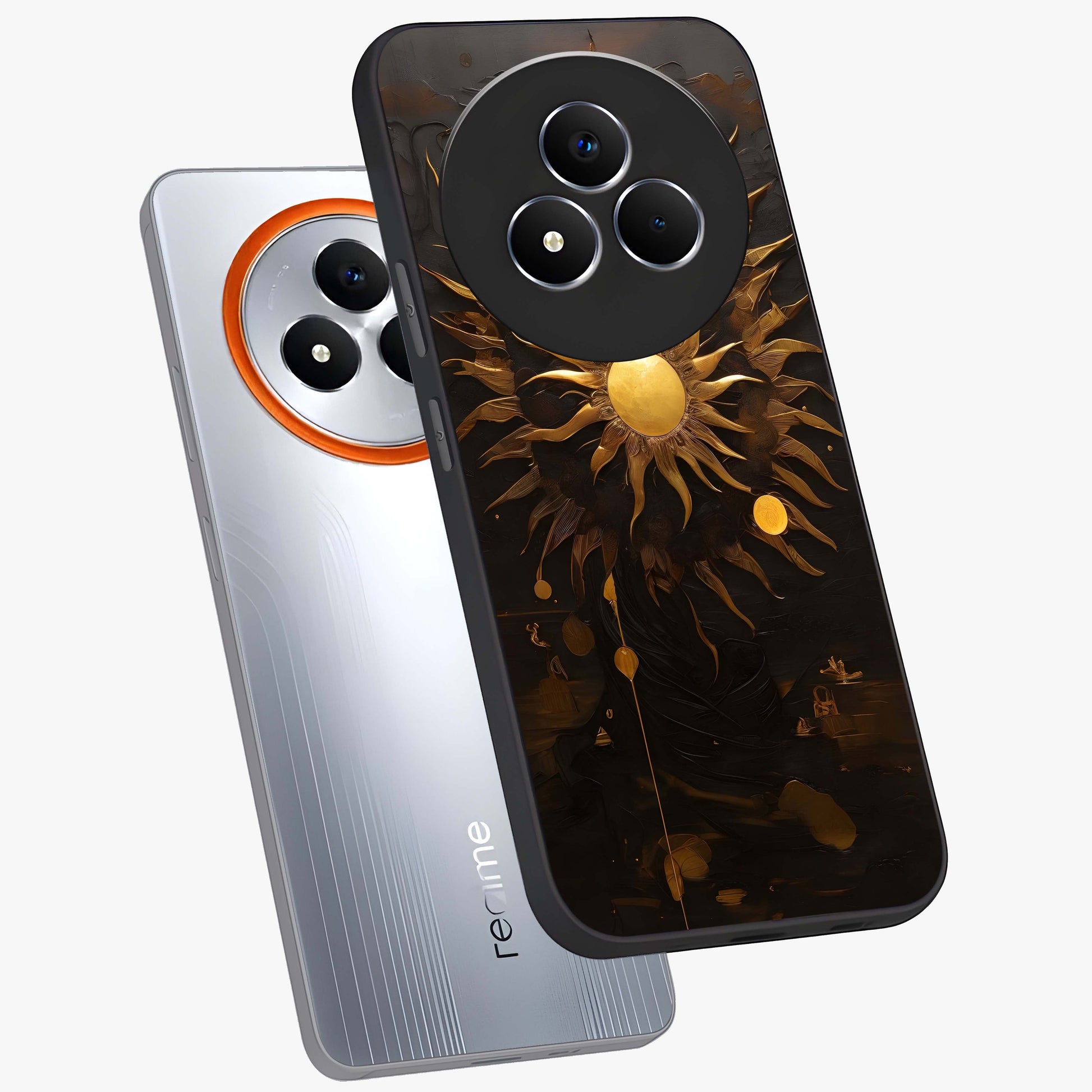 Golden Sun Minimalism Glass Case displayed in angled mockup highlighting eerie shadow illustration with gothic aesthetic.