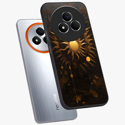 Golden Sun Minimalism Glass Case displayed in angled mockup highlighting eerie shadow illustration with gothic aesthetic.